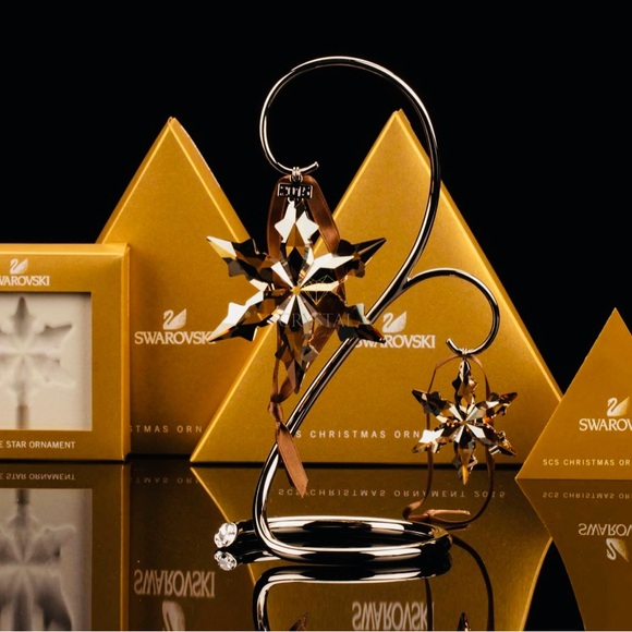 NIB Swarovski SCS 2015 Set Stand W 2 Gold Christmas Crystal Ornaments #5135951 - Picture 3 of 9